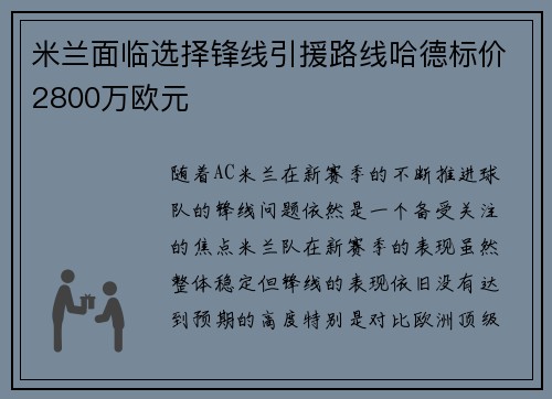 米兰面临选择锋线引援路线哈德标价2800万欧元 米兰面临选择锋线引援路线哈德标价2800万欧元