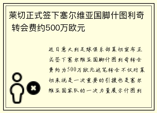 莱切正式签下塞尔维亚国脚什图利奇 转会费约500万欧元 莱切正式签下塞尔维亚国脚什图利奇 转会费约500万欧元